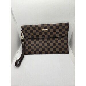 Elim&Paul Dark Brown Light Brown Checkered Clutch Wristlet Wallet Women's